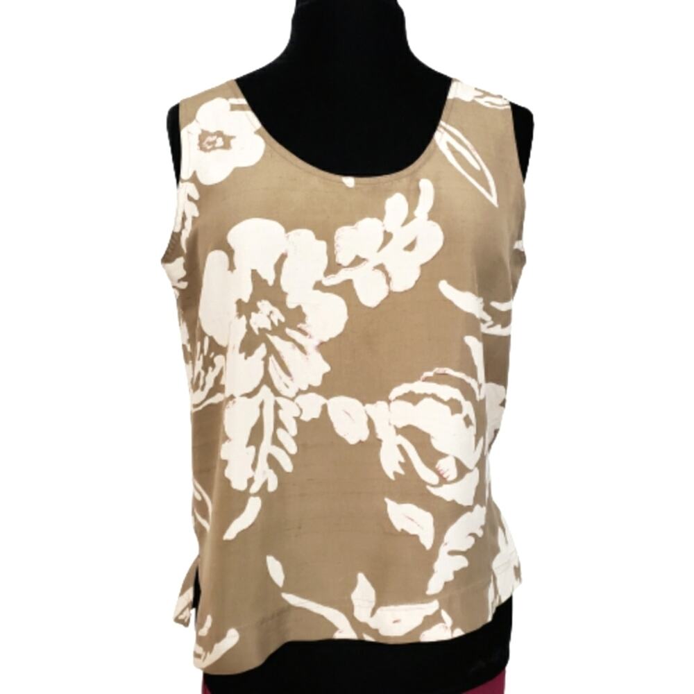Vintage debra deRoo Silk Taupe and Cream Scoopneck Macro Floral Tank‎ Top Blouse